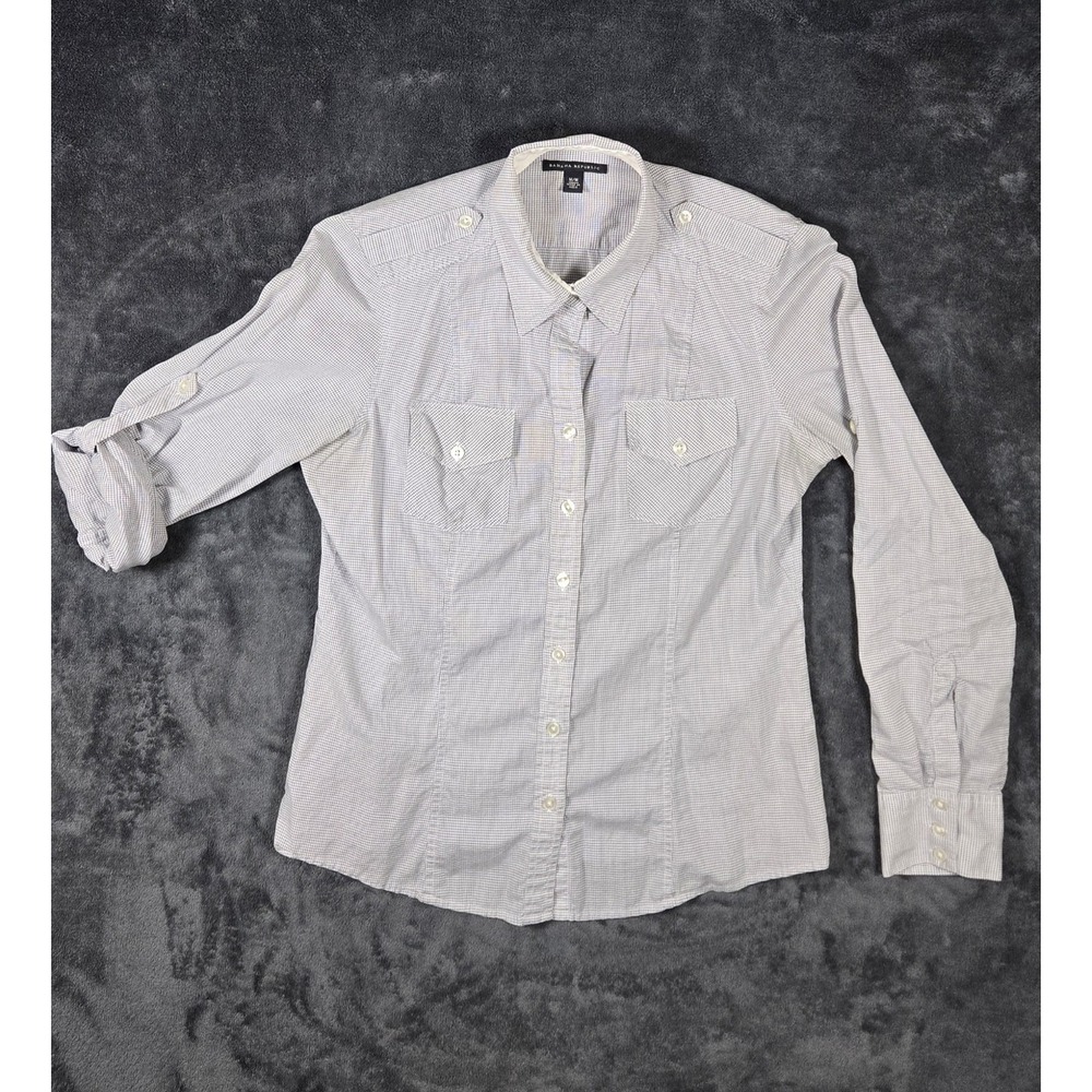 Banana Republic Button Up Shirt Women Medium White Navy Checked 100% Cotton Logo